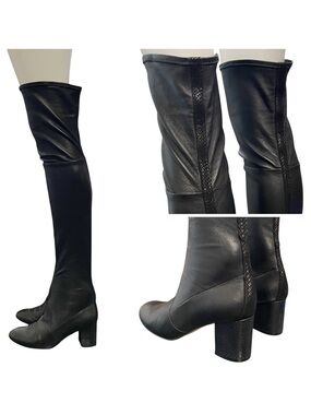 Right Bank Shoe Co Leather Reptile Stripe Embossed Block Heel Over the Knee Boot